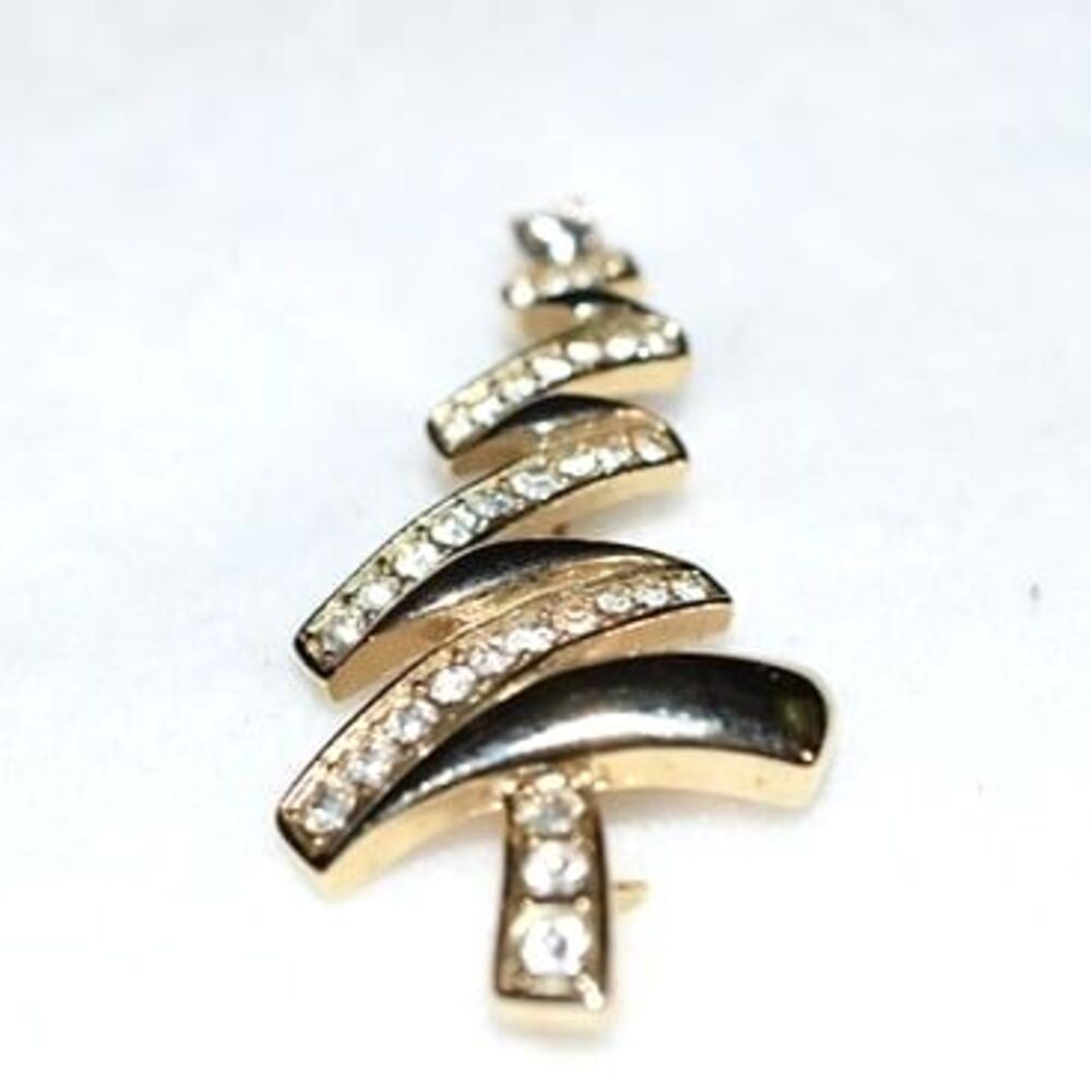 Vintage Monet Stamped Zig Zag Gold Tone Clear Rhinestone Christmas Tree Brooch